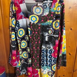 Pyramid Collection Patchwork Print Long Sleeve Tunic Top XL Multi-Color Bohemian